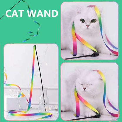 Rainbow Ribbon Cat Wand — Colorful Interactive Teaser Toy